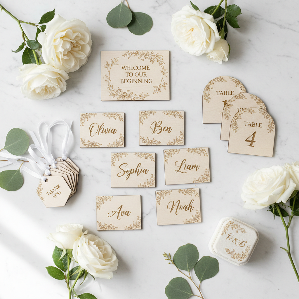 Coordinated laser-engraved wedding set — place cards, table numbers, welcome sign and ring box